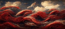 Vast Panoramic Fantasy Cloudscape In Ruby Red Colors, Mesmerizing Flowing Ocean Of Surreal Fabric Folds Stylized In Renaissance Inspired Oil Paint.