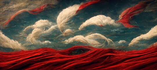 Wall Mural - Vast panoramic fantasy cloudscape in ruby red colors, mesmerizing flowing ocean of surreal fabric folds stylized in renaissance inspired oil paint.