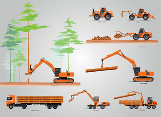 The forestry production machines. Forestry tractors, trucks and loggers hydraulic machinery detailed editable silhouettes illustration collection background vector. Equipment for forestry industry.