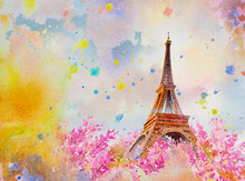 Paris France Eiffel Tower And Cherry Blossom In Flowers Beautiful Spring Season.