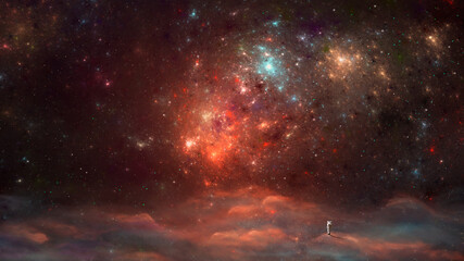 Wall Mural - space background. astronaut standing on fog, clouds surface with colorful fractal nebula. fantasy di