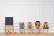 Kids playroom with stuffed toy animals wood stool and writing board. 3d rendered illustration.