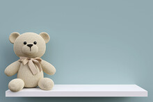 Stuffed Toy Teddy Bear On A White Shelf. 3d Rendered Illustration.
