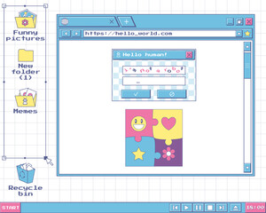 desktop in style of an old computer. ui design elements, icons, web browser window, player buttons, 