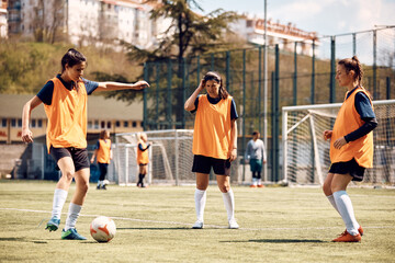 Wall Mural - Female soccer player practicing during sports training on playing field.