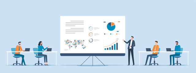 Leinwandbilder - flat vector business team meeting and training collaboration with Business man 
 presentation infographic data on projector screen dashboard concept
