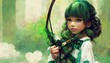 イラスト 女性 弓 射手 緑髪 少女 女の子 森 ファンタジー