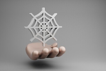 Beautiful abstract illustrations Golden Hand Holding Web symbol icon on a gray background. 3d rendering illustration. Background pattern for design. Halloween day.