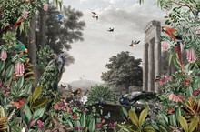 Landscape Classic Ruins Wallpaper  Tropical Forest Palm Tree Peacock Birds Vintage Painting Old