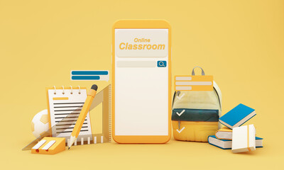 Wall Mural - Back to school join to online learning with school supplies and equipment. laptop computer screen with phone and school accessories and textbooks on yellow and blue background. cartoon -3D Rendering