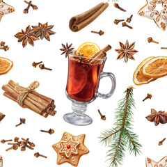 Watercolor winter seamless pattern with mulled wine, spices, christmas tree. Christmas drinks and sweets set.