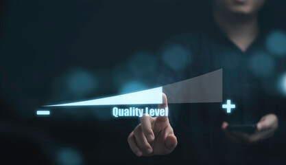 Fototapete - Businessman touching to virtual scale level to increase quality level from lotto high for enhance quality level of product and service to make more customer satisfaction concept.