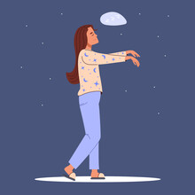 Young Woman In Pajama Sleepwalking At Night. Somnambulist Walking In Her Dream With Raised Hands. Somnambulism Concept. Flat Vector Illustration Isolated On Blue Background