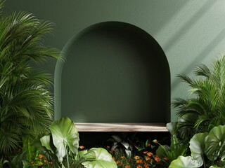 Wall Mural - Wooden shelf in tropical forest for product presentation and green background.