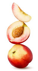 Wall Mural - Nectarine, half and slice stand on top of each other close-up on a white background. Isolated