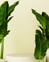 3D rendering of podium with banana leaves.