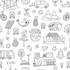 Wall Mural - Vector black and white ecological seamless pattern for kids. Earth day repeat background with cute children, planet, waste recycling concept. Environment friendly digital paper, coloring page.