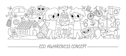 vector ecological black and white horizontal set with cute children caring of nature. earth day card