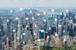 Aerial panoramic helicopter city view of Midtown Manhattan neighborhoods and Central Park, New York, USA. Social media hologram. Concept of networking and establishing new people connections