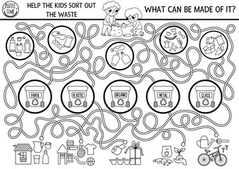 Wall Mural - Ecological black and white maze for children with kids sorting out the rubbish. Earth day preschool activity. Zero waste labyrinth coloring page. What can be made of waste