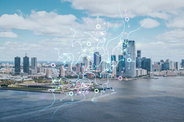 Aerial panoramic helicopter city view of New Jersey City financial Downtown skyscrapers. Artificial Intelligence concept, hologram. AI, machine learning, neural network, robotics