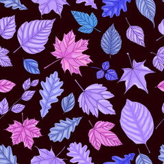 Wall Mural - Autumn leaf seamless pattern. Violet, purple and pink tree leaves on dark background
