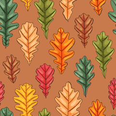 Wall Mural - Autumn oak leaf seamless pattern. Coloured tree leaves print