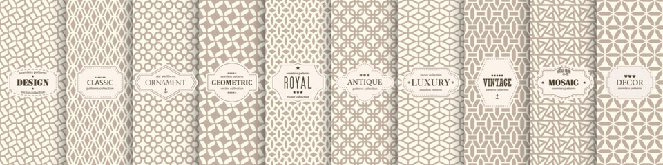 Wall Mural - Collection of seamless ornamental elegant geometric patterns - beige symmetric vintage design. Endless grid textures. Vector repeatable antique backgrounds