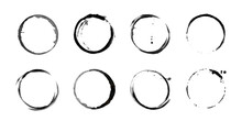 Coffee Cup Circle Black Vector Stains. Round Ring Grunge Stain. Wet Cup Mark And Splatter. Black Ink Circle Stains. Bottle Glass Or Water Drink Marks