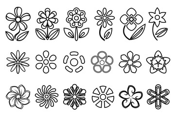 Wall Mural - Line art flowers illustration. Set of outline flowers with black thin line isolated on white background.