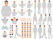 Vector man character casual poses set in flat style. Full length, gestures, emotions, front, side, back view.