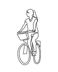 Wall Mural - Continuous one line drawing woman girl on a bicycle. One continuous line drawing of a girl riding bicycle. A cute woman enjoy riding her cycle in the morning to exercise. Healthy lifestyle theme