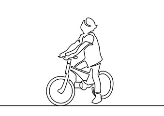 Wall Mural - Continuous one line drawing woman girl on a bicycle. One continuous line drawing of a girl riding bicycle. A cute woman enjoy riding her cycle in the morning to exercise. Healthy lifestyle theme