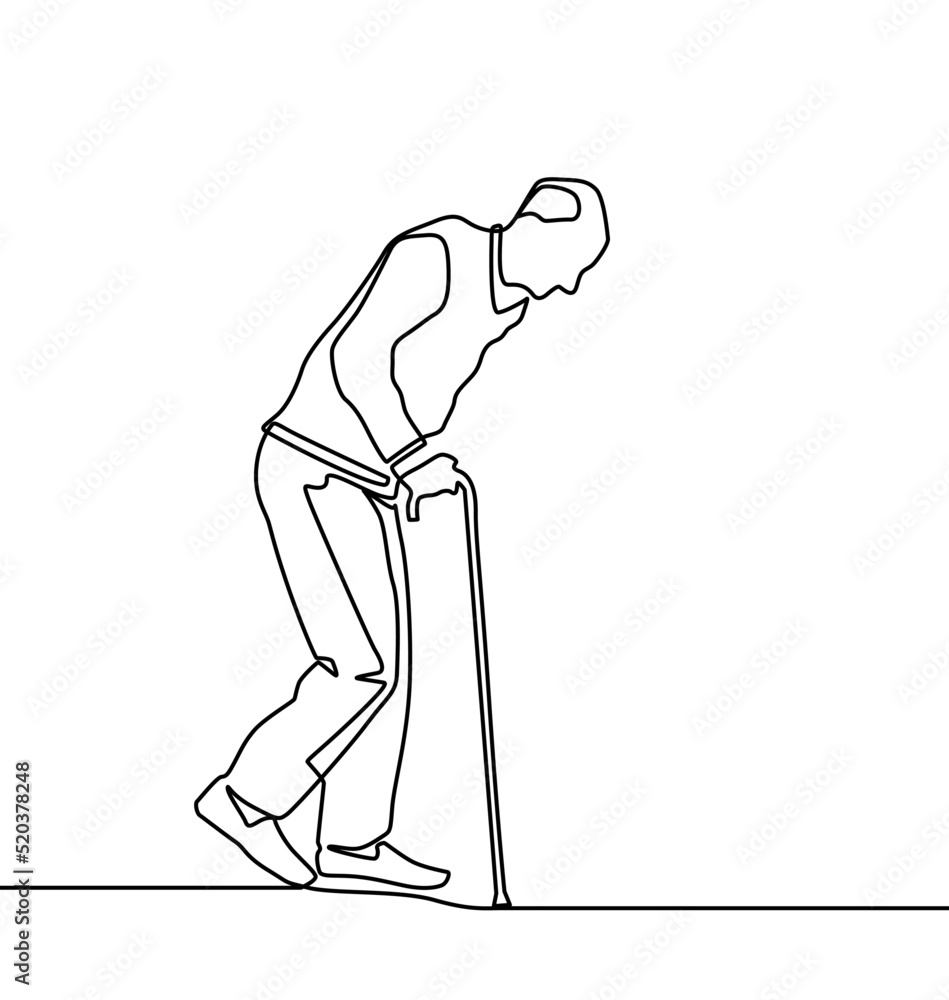Continuous one line drawing of full length profile of a senior man ...