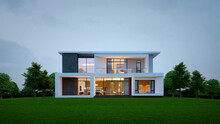 Modern House Exterior Evening View With Interior Lighting.3d Rendering