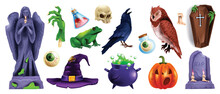 Halloween Object Sticker Set, Stone Tombstone, Vector Spooky Party Badge Kit, Wooden Coffin, Eye. Cartoon Scary Zombie Hand, Witch Hat, Magic Potion Cauldron, Owl, Frog. Halloween Object UI Game Icon