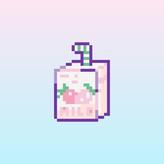 Wall Mural - Pixel art strawberry milk icon. 8 bit vector sticker or smile of box of cute strawberry milk in retro 90s gaming style. Mosaic trendy funky pixel milk with a straw sign.
