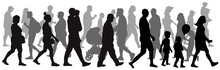 Moving Crowd Of People, Silhouette. Side View. Vector Illustration,