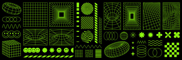 Wall Mural - Rave psychedelic retro futuristic set. Surreal geometric shapes, abstract backgrounds and patterns, wireframe, cyberpunk elements and perspective grids. Vector elements and signs in trendy psychedelic