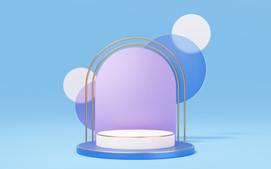 Wall Mural - Empty white marble cylinder podium with gold border, glass circle on purple arch blue background. Abstract minimal studio 3d geometric shape object. Mockup space for display of product. 3d rendering.