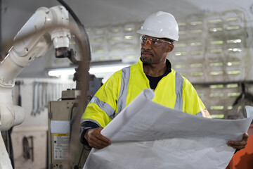 Wall Mural - African American male engineer worker working with blueprint in the robot robotic factory. African American male technician worker maintenance automatic robot arm system welding