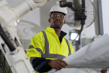 Wall Mural - African American male engineer worker working with blueprint in the robot robotic factory. African American male technician worker maintenance automatic robot arm system welding