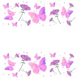 Fototapeta Motyle - Butterflies, flowers pattern. Seamless illustration, watercolour image, Summer, spring, Easter, Valentines day, birthday, wedding template.