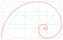 Colored Line Golden Ratio Vector Illustration Template. Minimalist Style. Circle, Golden Triangle, Mean, Golden Spiral, Golden Section Method, Fibonacci Array, Fibonacci