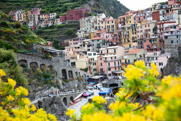 Panoramic photo of beautiful hills leading down to coast. Italy coast is popular travel and holiday destination in Europe.