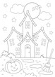 halloween haunted house colouring page for adults and kids. a4 paper size. black and white illustration