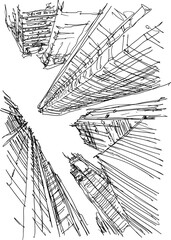 hand drawn architectural sketch of a modern abstract city architecture and skyscrapers and tall buil