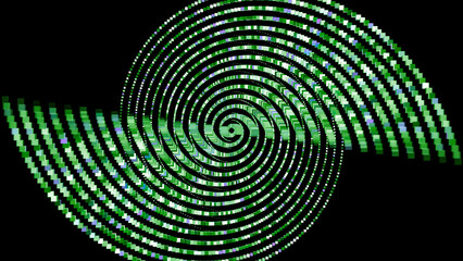 Animation with swirling spiral of squares on black background. Animation. Looped 3D spiral of duplicated squares twists on black background