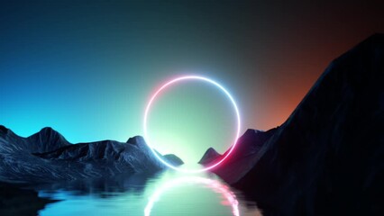 Wall Mural - cycled 3d animation. virtual boat trip, moving along the river towards the glowing neon ring. abstra