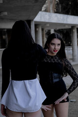 Dark style photoshoot of two beautiful models, inspiration Kpop